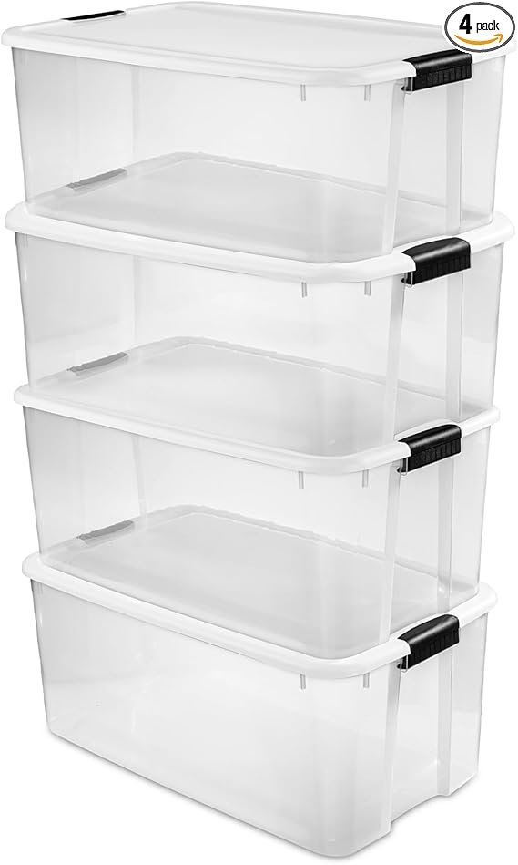 Sterilite 4-Pack Ultra Latching Box, Storage Bins with Lids, Clear Plastic, 116 Quart – Heavy-Duty Organizing Containers for Closet, Bathroom, and Office