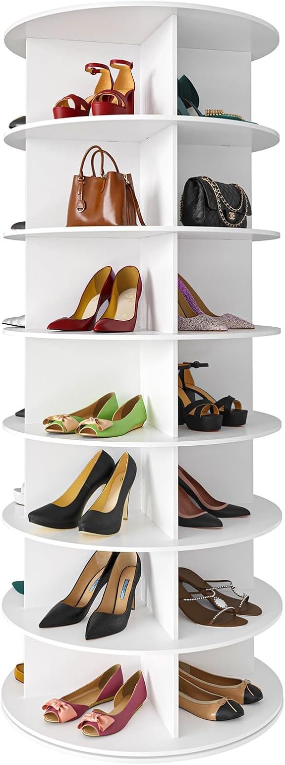 61Bsq1apdiL._AC_SX569_.jpg SpaceAid 7 Tier Rotating Shoe Rack Tower, Spinning Shoe Display Lazy Susan, Revolving 360 Shoe Rack Storage Round Carousel, Vertical Handbag Rotate Shoes Closet Organization (7-Tier White) - Image 1
