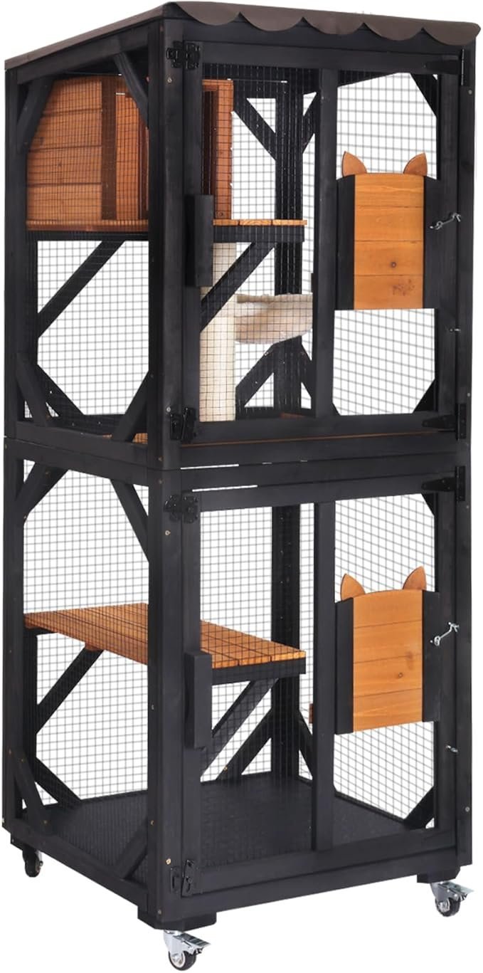 61LAXOUpLRL._AC_SX679_.jpg Aivituvin Cat House Window Catio Outdoor Cat Enclosure Mobile Kitty Shelter on Wheels Pet Cage with Resting Box,Hammocks,Waterproof Cover - Image 1