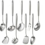 Newness 9 Pcs Cooking Utensils Set, 304 Stainless Steel Kitchen Utensils Set, Metal Kitchen Accessories, Include Soup Ladle, Slotted Skimmer Spoon, Spaghetti Spoon and Spatula, Dishwasher Safe