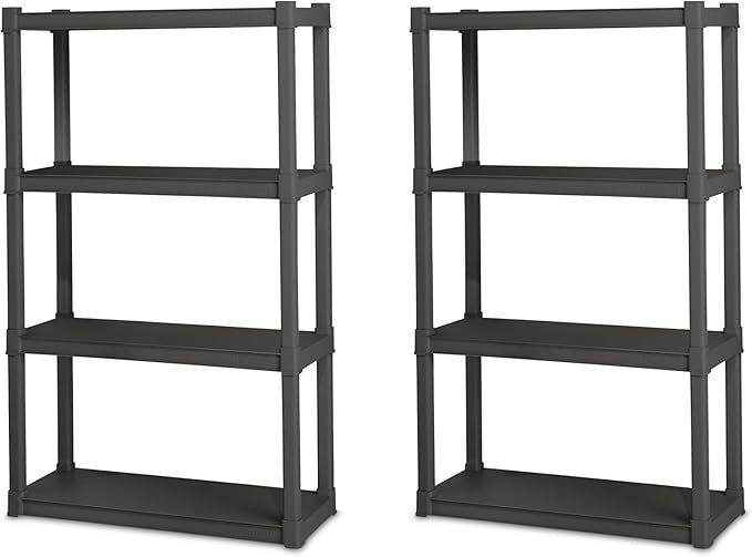 61PUGhxT30L._AC_SX679_.jpg Sterilite 2-Pack 4 Shelf Unit, Heavy-Duty Shelving Storage and Utility Rack – Standing Plastic Organizer Shelves for Kitchen, Bathroom, and Garage - Image 1