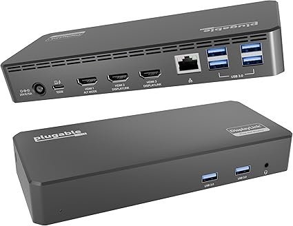 Plugable USB C Triple Display Docking Station | 100W PD, 3x HDMI (1x 4K 30Hz, 2x 1080p 60Hz), 6x USB 5Gbps Ports | Windows, macOS, ChromeOS Compatible – Enhance Productivity with Multi-Monitor Support