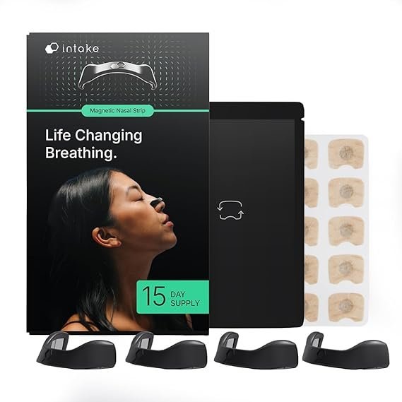 61wGwlVqUkL._AC_SX569_.jpg Intake Breathing — Magnetic Nasal Strips Starter Kit | Reusable Band + Tabs | Nasal Strips for Sleep, Snoring, Breathing & Sports | Stronger Lift Than Traditional Nose Strips | 4 Sizes, 15 Tabs, Black - Image 1