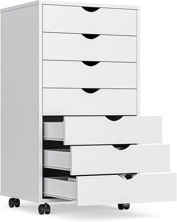 OLIXIS 7 Drawer Mobile File Cabinet Under Desk Storage Organization with Wheels Vertical Filing Chest Rolling Wood Small Desk Printer Stand for Home Office, 15.75″D x 18.74″W x 34.25″H, White