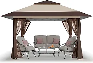 CROWN SHADES 13×13 Pop Up Gazebo, Canopy Tent, Gazebos on Clearance – Outdoor Gazebo for Backyard & Patio Furniture – Carpa Pop Up Tent with Wheeled STO-N-Go Cover Bag (Beige & Coffee)