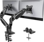 HUANUO FlowLift Dual Monitor Stand, Fully Adjustable Gaming Monitor Desk Mount for 13–32″ Computer Screens, Full Motion VESA 75×75/100×100 with C-Clamp & Grommet Base, Each Arm Holds 4.4 to 19.8 lbs