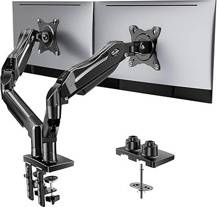 HUANUO FlowLift Dual Monitor Stand, Fully Adjustable Gaming Monitor Desk Mount for 13–32″ Computer Screens, Full Motion VESA 75×75/100×100 with C-Clamp & Grommet Base, Each Arm Holds 4.4 to 19.8 lbs