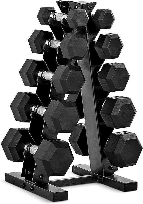 71HEqww6NtL._AC_SX569_.jpg CAP Barbell Rubber Coated Dumbbell Weight Set with Vertical Rack | 100 lb, 150 lb, and 210 lb Options - Image 1