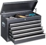 Winado 24″ Portable Metal Tool Box, 5 Drawers Toolbox with Top Storage Tray, Carry Handle, Ball Bearing Runners, Lockable Tool Chest Cabinet for Garage, Warehouse, Repair Shop & Home, Black