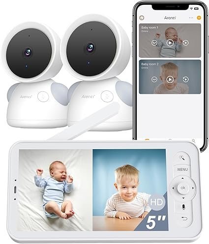 ARENTI Baby Monitor with 2 Cameras, 2K/3MP WiFi 6 Camera and Audio, 5-inch Wireless Screen, Smartphone App, Super Night Vision, Crying Detection, Auto Tracking, Temp&Humidity Sensor (D3 Set)
