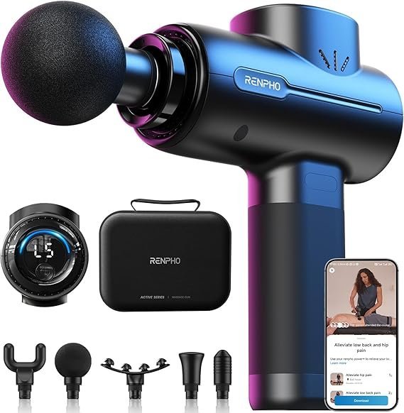 RENPHO Active+ Percussion Massage Gun, Mothers Day Gifts, 5 Adjustable Speeds for Back, Neck, Muscle Recovery – App Controlled Guided Courses, with Carry Case for Professional Athlete, Gym and Travel