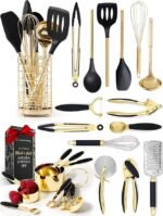 Black and Gold Kitchen Utensils Set – 23-Piece Luxury Kitchen Accessories Includes Gold Measuring Cups, Spoons, Silicone Cooking Utensils and Tools for Baking, Cooking, and Stylish Kitchen Decor