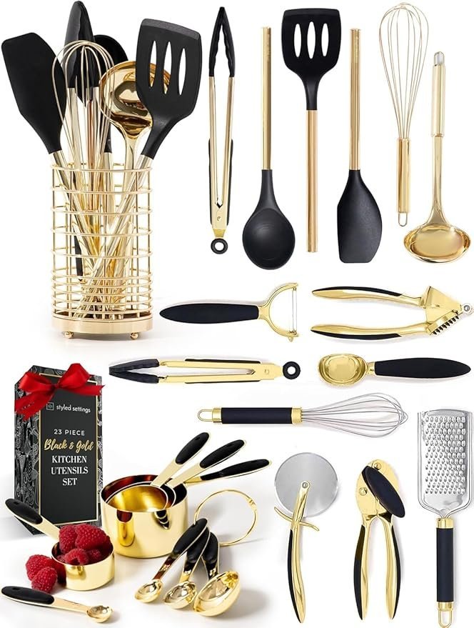 Black and Gold Kitchen Utensils Set – 23-Piece Luxury Kitchen Accessories Includes Gold Measuring Cups, Spoons, Silicone Cooking Utensils and Tools for Baking, Cooking, and Stylish Kitchen Decor