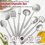 Newness 9 Pcs Cooking Utensils Set, 304 Stainless Steel Kitchen Utensils Set, Metal Kitchen Accessories, Include Soup Ladle, Slotted Skimmer Spoon, Spaghetti Spoon and Spatula, Dishwasher Safe - Image 4