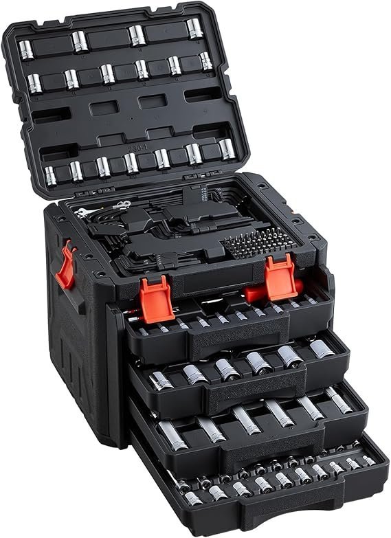 71d2ywFBGQL._AC_SX569_.jpg VEVOR Mechanics Tool Set and Socket Set, 1/4″ 3/8″ 1/2″ Drive Deep and Standard Sockets, 450 Pcs SAE and Metric Mechanic Tool Kit with Bits, Combination Wrench, Hex Wrenches, Accessories, Storage Case - Image 1