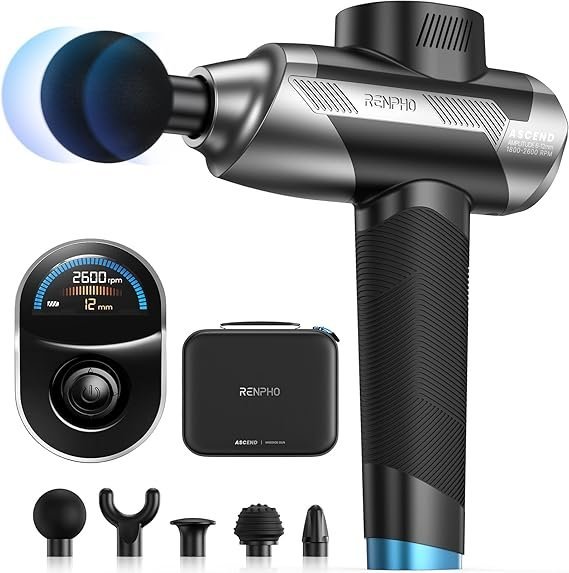 RENPHO Ascend Professional Massage Gun, Mothers Day Gifts, FSA Eligible HSA, Adjustable 6-12mm Amplitude for Customized Intensity, Deep Tissue Percussion Massager with 5 Speeds, 5 Attachments