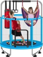ZCMHAXJ 55″ Trampoline for Kids with Enclosure, 440lbs Capacity Indoor & Outdoor Toddler Trampoline with Adjustable Gymnastics Bar & Toys, for Boys & Girls