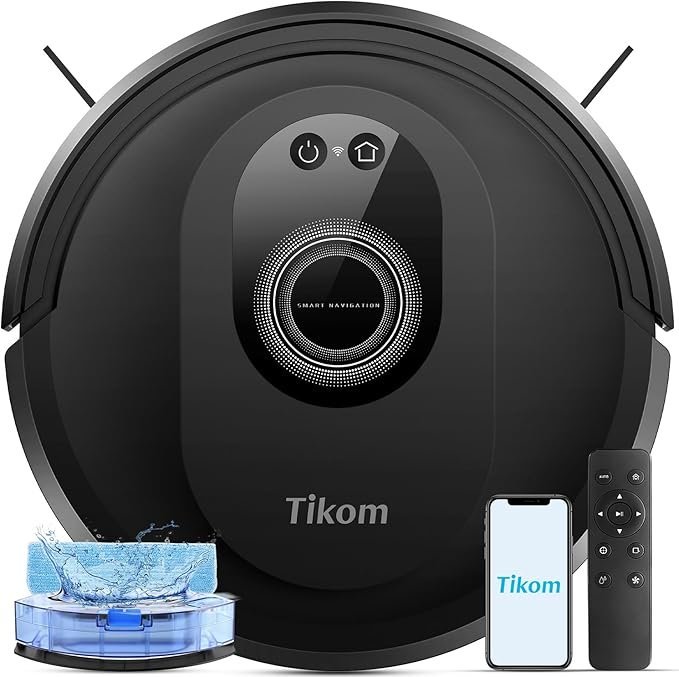 71lOhFFaWuL._AC_SX679_.jpg Tikom Robot Vacuum and Mop Combo, 5000Pa Robotic Vacuum Cleaner, 150 Min Max, App & Remote Control, Ideal for Hard Floor, Carpet, Pet Hair, Self-Charge(G8000 Max) - Image 1