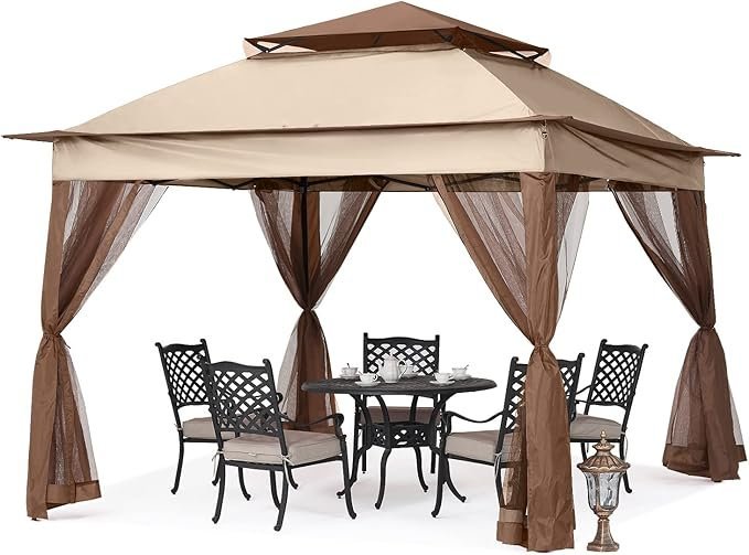 MASTERCANOPY Patio Gazebo Outdoor Pop Up Gazebo with Mesh Walls (11×11,Champagne)