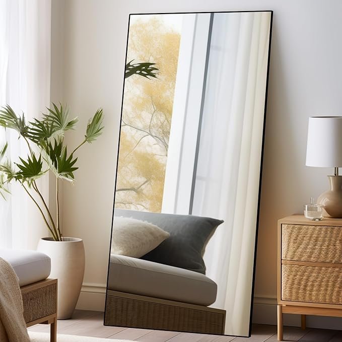 Beauty4U 71″ x 32″ Full Length Mirror with Stand, Large Floor Mirror for Bedroom, Wall Mounted or Leaning Full Body Mirror, HD Tempered Glass Dressing Mirror for Outfit Check & Home Decor, Black