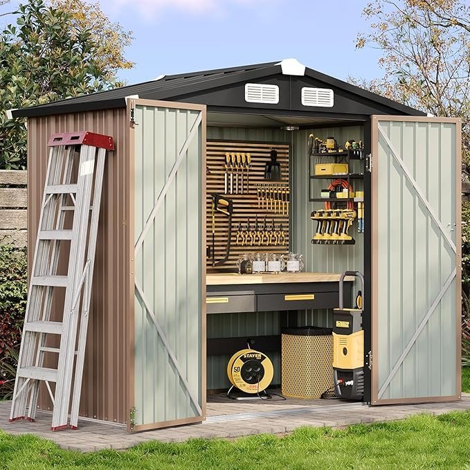 810ORxotJ3L._AC_SX679_.jpg Aoxun 6.2×4 FT Shed Outdoor Storage Shed with Lockable Doors & Slooping Roof Metal Garden Tool Shed for Backyard, Patio, Poolside (Brown) - Image 1