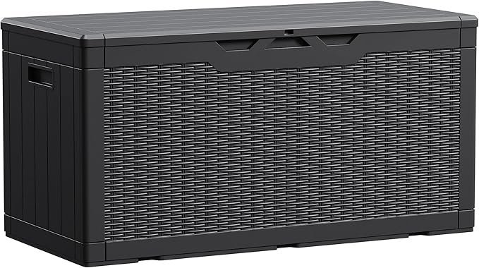 8111esBro3L._AC_SX679_.jpg Devoko 100 Gallon Waterproof Large Resin Deck Box Indoor Outdoor Lockable Storage Container for Patio Furniture Cushions Garden Tools (100 Gallon, Black) - Image 1