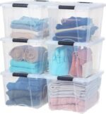 IRIS USA 40 QT Plastic Storage Box with Lid and Latches – 6 Pack – BPA-Free, See-Through Organizing Solution, Durable Nestable Stackable Containers, Secure Pull Handle – Clear