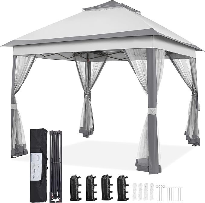 Yaheetech 11×11 Pop Up Gazebo Outdoor Canopy Shelter, Instant Patio Gazebo Sun Shade Canopy Tent with 4 Sandbags, 2 Tiers Roof & Mesh Netting for Lawn, Garden, Backyard & Deck, Gray