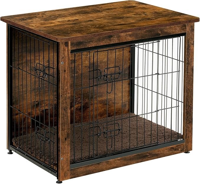 DWANTON Dog Crate Furniture with Cushion, Wooden Kennel Table with Double Doors, Indoor Dog House, Small/Medium/Large/Extra Large Size, 27.2″ L, Rustic Brown