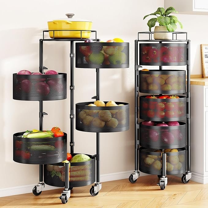 81N9QYgPL5L._AC_SX679_.jpg SNTD Fruit and Vegetable Basket Bowls for Kitchen with Metal Top Lid, 5 Tier Rotating Storage Rack Cart for Potato Onion Bread Banana, Wire Basket Organizer on Wheels, Large, Black - Image 1