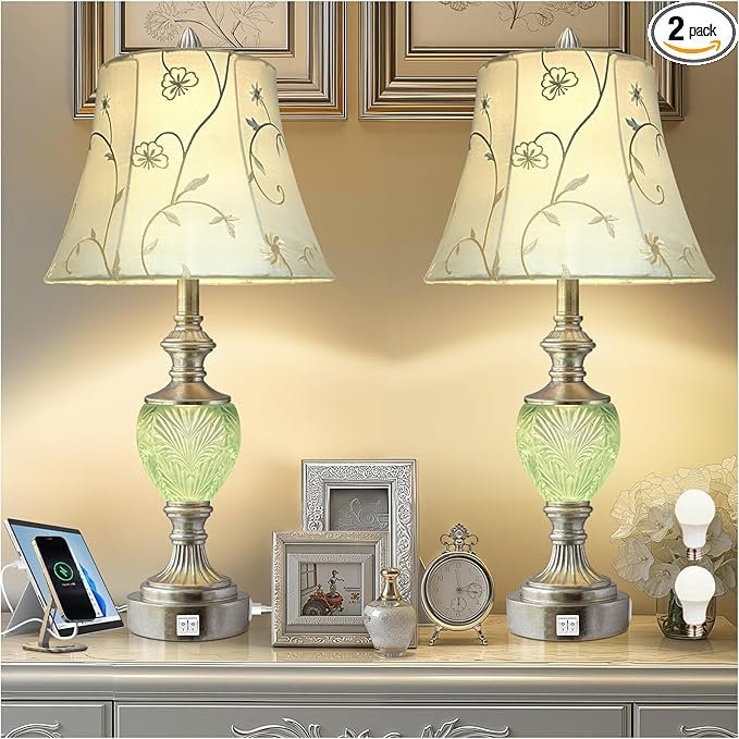 Bedside Table Lamp Set of 2 with Nightlight and USB A+C Ports, 27” High Vintage Table Lamps with Silver Leaf Finish and Embroidered Shade, Nightstand Lamps Decor for Bedroom Living Room Home Office