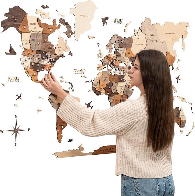 Enjoy The Wood 3D Wooden World Map Wall Art – Large Travel Map with Pins for Art Decor – Decorative Map of the World for Home, Office – Travel Wall Art Housewarming Gift Idea (Multicolor, M, Unframed)