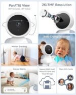 ARENTI Baby Monitor with 2 Cameras, 2K/3MP WiFi 6 Camera and Audio, 5-inch Wireless Screen, Smartphone App, Super Night Vision, Crying Detection, Auto Tracking, Temp&Humidity Sensor (D3 Set) - Image 3