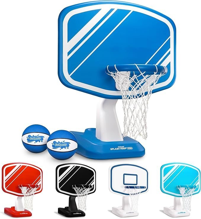 81ssFqrVptL._AC_SX679_.jpg GoSports Splash Hoop Swimming Pool Basketball Game, Includes Poolside Water Basketball Hoop, 2 Balls and Pump – Choose Your Style - Image 1