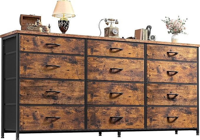 Romorgniz 55″ Dresser for Bedroom with 12 Fabric Drawers, Entertainment Center for 60 inch TV Dressers & Chests of Drawers Large Organizer, Living Room, Metal Frame, Wood Top, Rustic Brown
