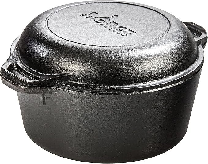 Lodge Cast Iron Double Dutch Oven – Pre-Seasoned 2-in-1 Cast Iron Cookware – Pot & Skillet Combo – Even Heat Retention – Oven-Safe, Versatile Pot – 5 Quart