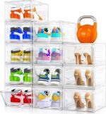 12 Pack Clear Shoe Storage Organizer with Magnetic Door,Stackable Plastic Shoe Boxes for Sneakers,Boots,and Heels,Space-Saving Foldable Shoe Rack for Closet,Durable Shoe Cabinet Organizer,White