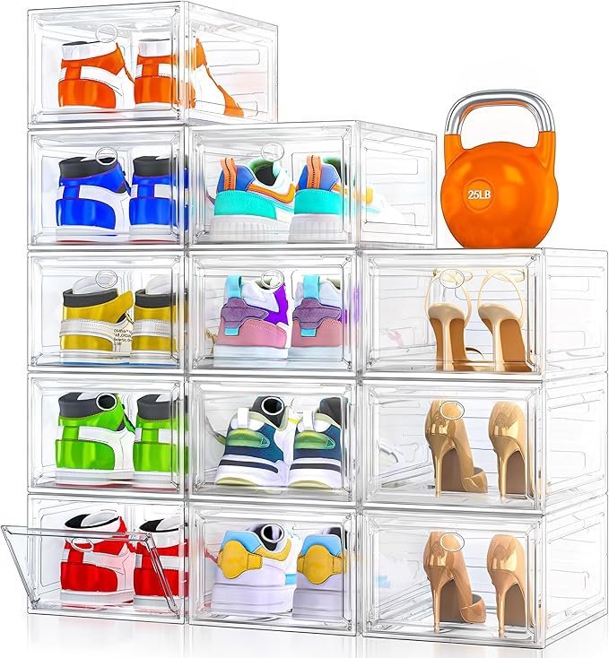 91bZboM8iPL._AC_SX679_-1.jpg 12 Pack Clear Shoe Storage Organizer with Magnetic Door,Stackable Plastic Shoe Boxes for Sneakers,Boots,and Heels,Space-Saving Foldable Shoe Rack for Closet,Durable Shoe Cabinet Organizer,White - Image 1