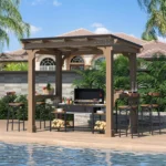 Veikous D Wooden Grills Gazebo Outdoor with Steel Roof
