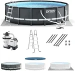 Intex Ultra XTR Frame 14′ x 42″ Round Above Ground Outdoor Swimming Pool Set with Sand Filter Pump, Ladder, Ground Cloth, and Pool Covers