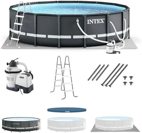 Intex Ultra XTR Frame 14′ x 42″ Round Above Ground Outdoor Swimming Pool Set with Sand Filter Pump, Ladder, Ground Cloth, and Pool Covers