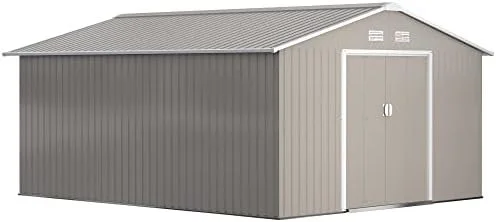Outsunny 11′ x 13′ Outdoor Storage Shed, Garden Tool Metal Shed with Foundation Kit, Double Lockable Door, Air Vents and Slopings Roofs, for Backyard, Patio, Lawn, Light Grays