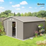 Outsunny 11′ x 13′ Outdoor Storage Shed, Garden Tool Metal Shed with Foundation Kit, Double Lockable Door, Air Vents and Slopings Roofs, for Backyard, Patio, Lawn, Light Grays - Image 2